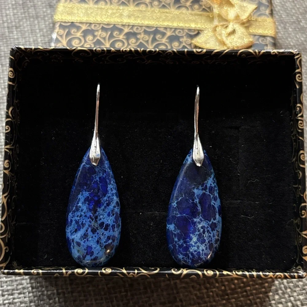 Blue Jasper Natural Gemstone Pendant Teardrop Earrings Silver Handmade Healing